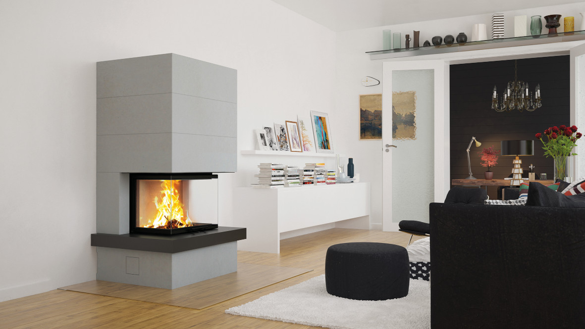 Anlage S13 mit Naturstein-Feuertisch Nero matt Oberflächenveredelung Camina Sichtbeton