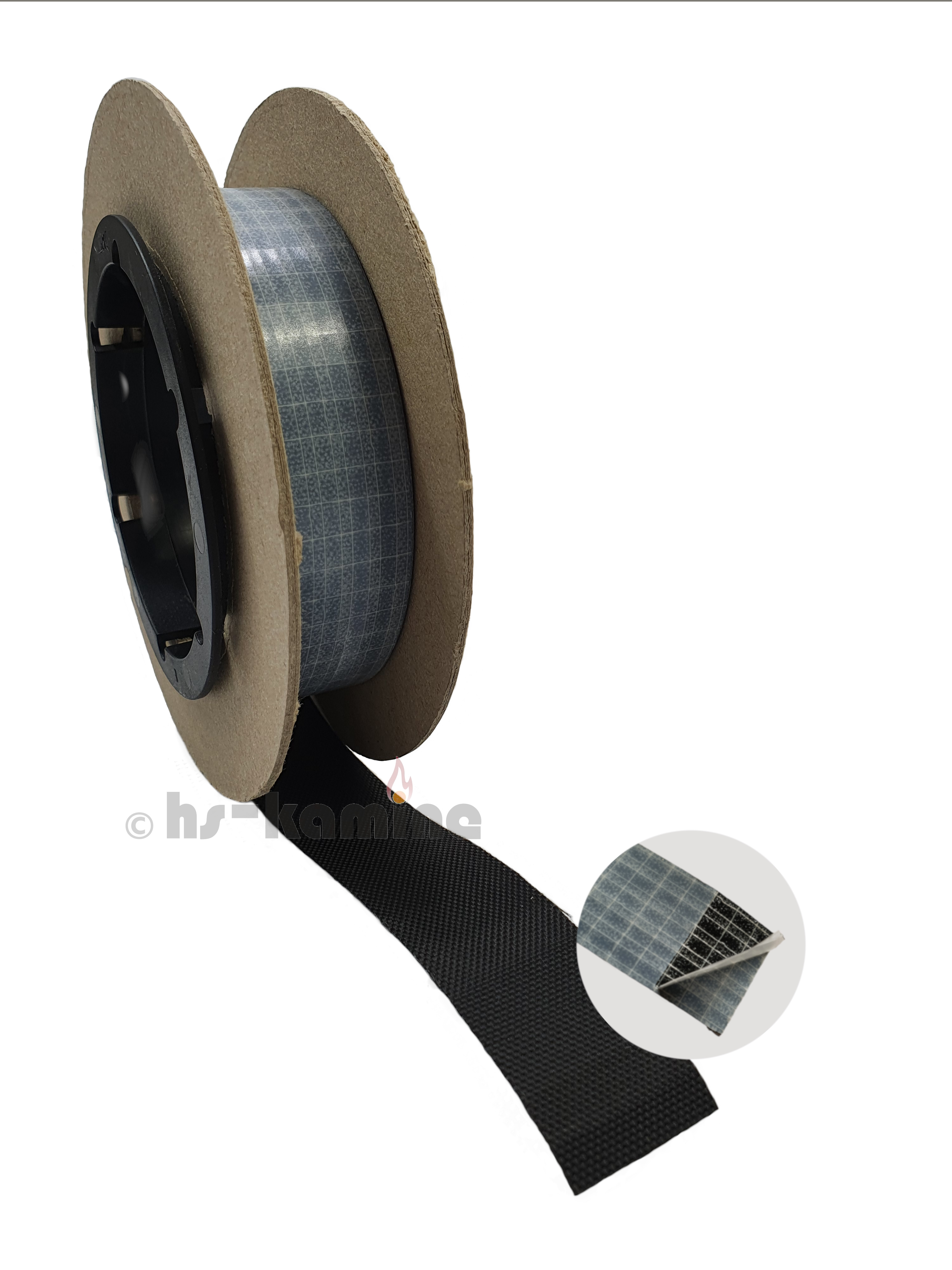 Abbinder_Rolle-Bilder-Logo 0,5m Klebeband Endband für Dichtschnur verhindert Ausfransung